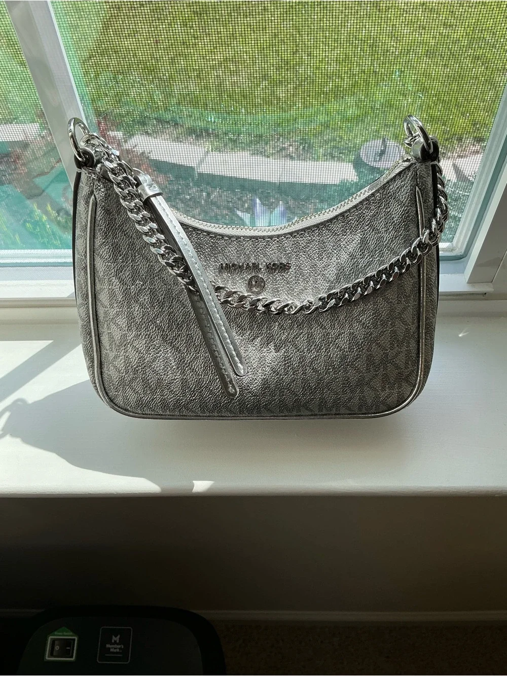 Michael Kors Jet Set Charm Metallic Silver Signature Logo Chain Shoulder Bag